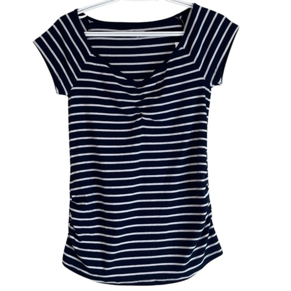 Old Navy Maternity NWT Ribbed Striped Top Navy White Cinch Front V-Neck Size M - Picture 2 of 10